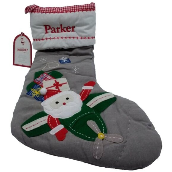 Pottery Barn Kids Parker Stocking Santa in Airplane Holiday Christmas Quilted - Picture 1 of 11